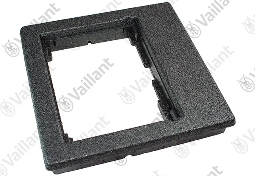 Schwarze Halterung aus EPP für Regler, quadratische Form mit einer Aussparung in der Mitte. Produkt von Vaillant.
